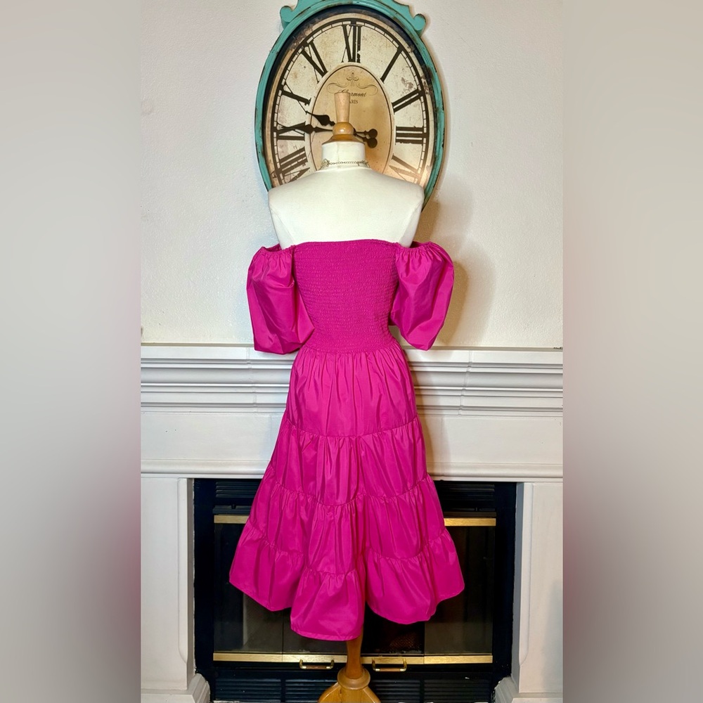 Wishing Waves Pink Smocked Puff Sleeve Midi Dress